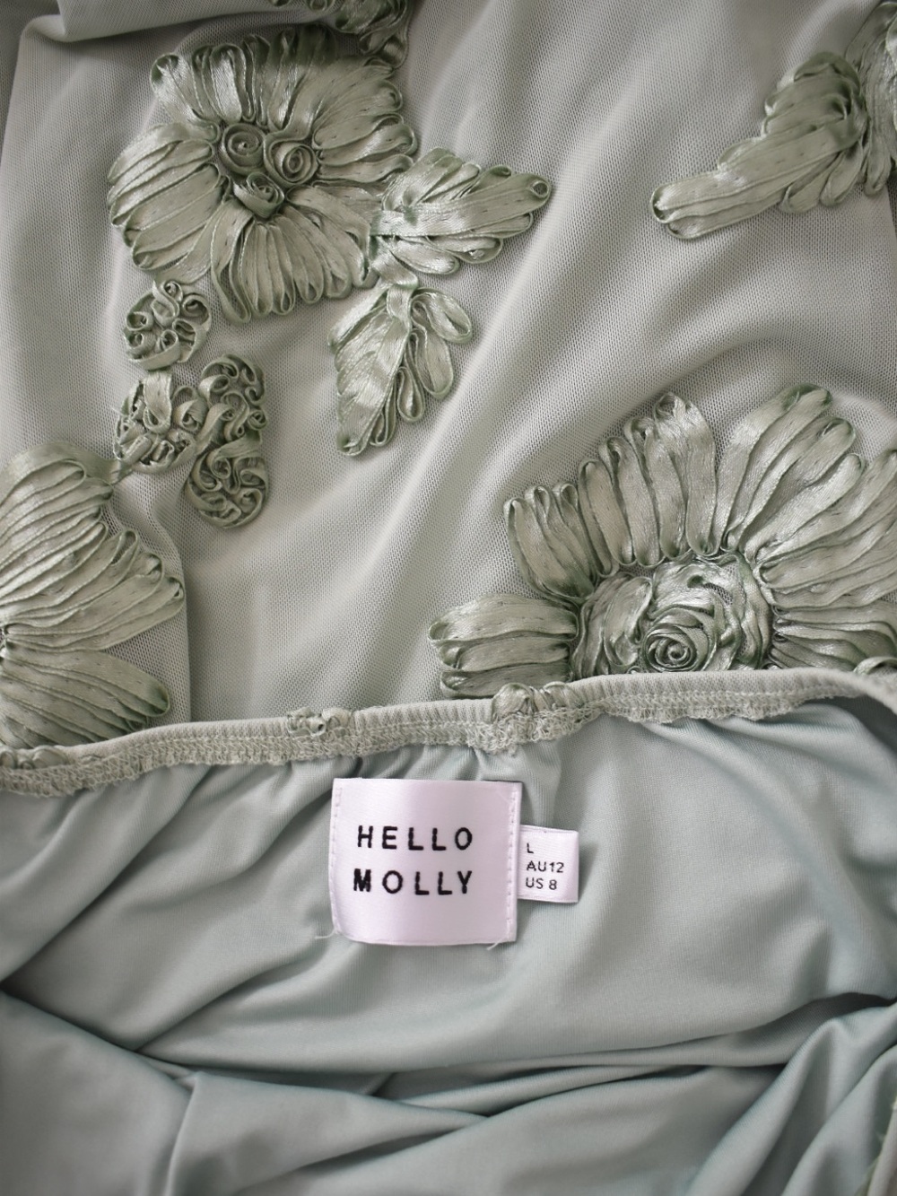 Hello Molly LOVE NOTES ONLY LONG SLEEVE Mesh MINI DRESS SAGE size Large - Picture 7 of 7